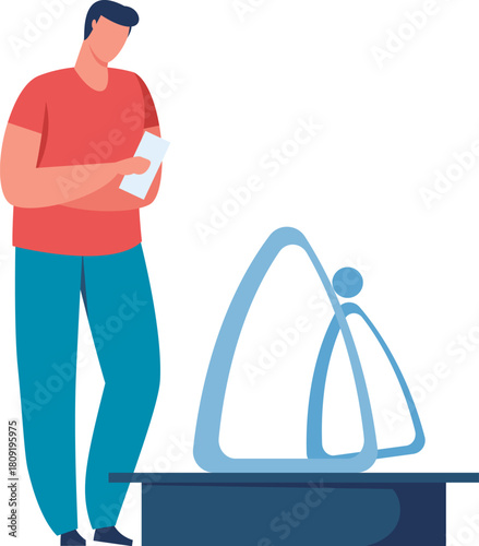 Person viewing contemporary abstract art sculpture at exhibition