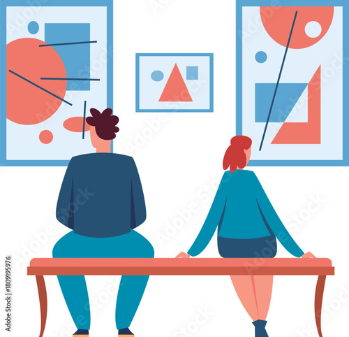 People visiting art gallery admiring abstract paintings