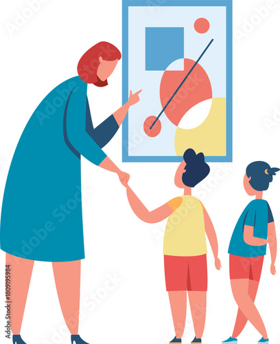 Teacher guiding students viewing modern abstract art