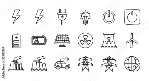 Hand drawn energy sources icon set promoting renewable solutions and sustainability