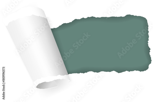 Torn white paper revealing blank green background space