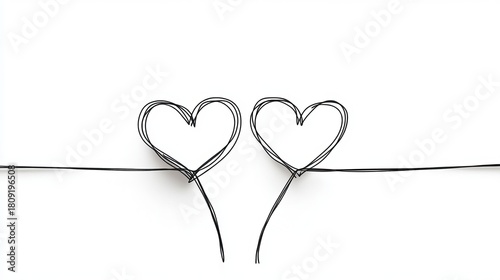 Two minimalist black heart illustrations connect with a single line on a white background, suggesting a bond.