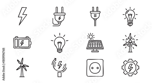 Hand drawn illustration of renewable energy sources and sustainability elements