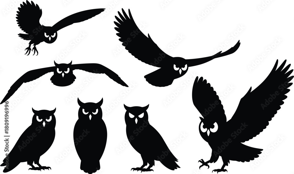 Obraz premium Owl silhouette illustration set, flying and perched poses, nocturnal bird icons, wildlife graphic, nature symbol, raptor design elements