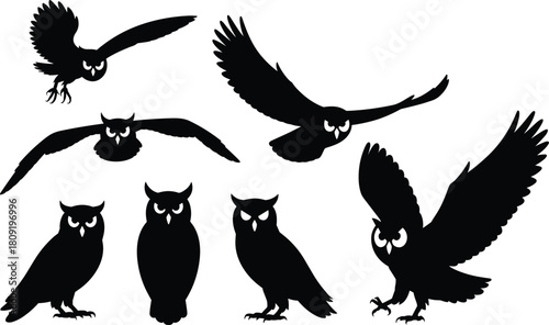 Owl silhouette illustration set, flying and perched poses, nocturnal bird icons, wildlife graphic, nature symbol, raptor design elements