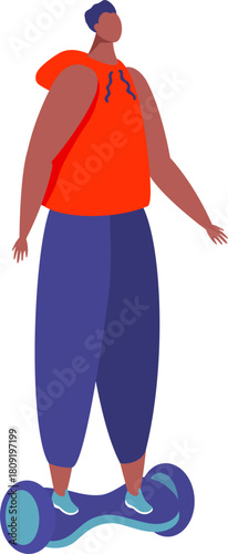 Young person balancing on electric hoverboard for urban transport