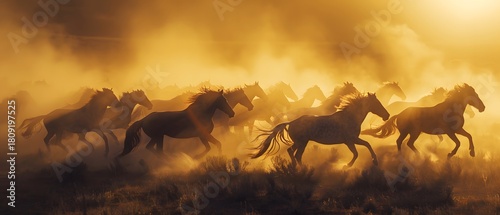 A Powerful Herd of Wild Mustangs Running Through Dusty Plains at Golden Hour under a Dramatic Sky