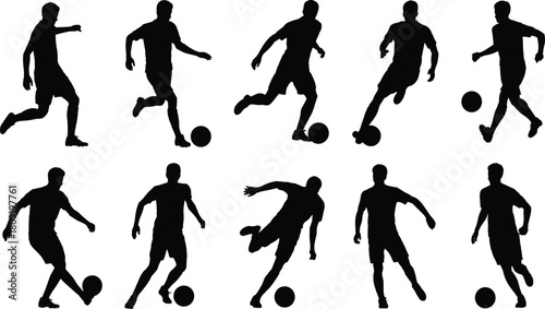 Soccer silhouette illustration set, kicking and dribbling poses, athlete icons, motion graphic, football symbol, sports action design