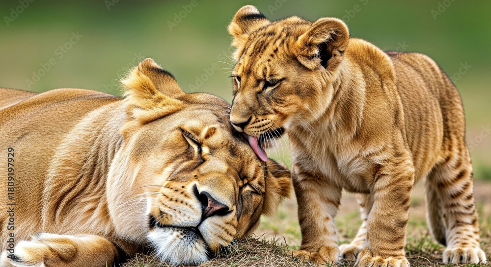 Fototapeta premium Content Lioness Lying Down With Young Lion Cub Standing Over Her