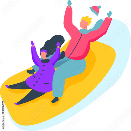 People having fun sliding on winter snow tubing ride