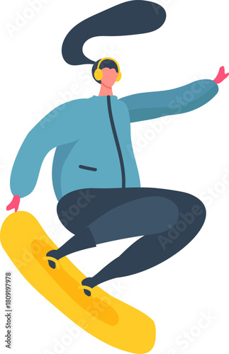 Person snowboarding with headphones enjoying winter sport activity