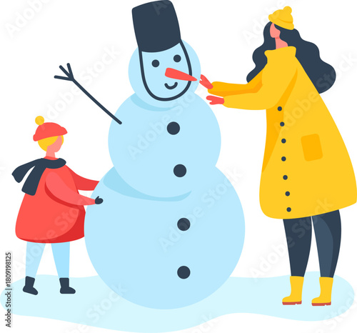 Mother and child building snowman in winter outdoor activity