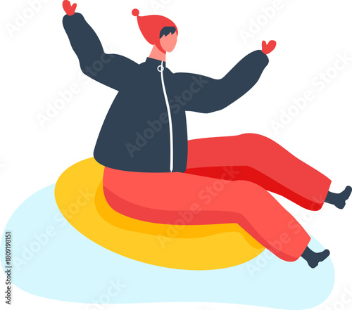 Person enjoying winter activity snow tubing down slope