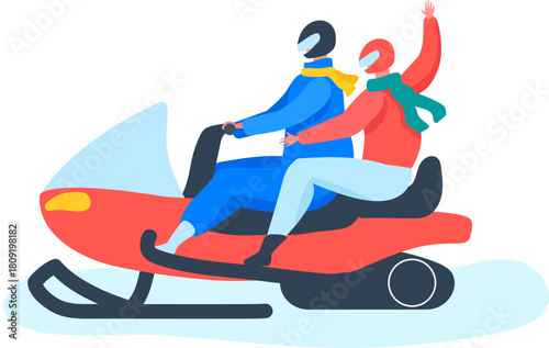 Two people on a snowmobile having fun in winter