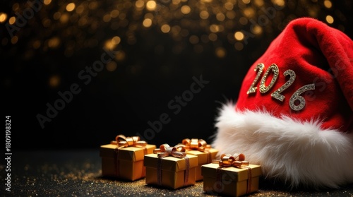 Festive red Christmas hat adorned with sparkling numbers 2026 beside beautifully wrapped golden gift boxes, creating a joyful holiday atmosphere for celebration