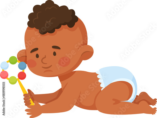 African American baby crawling playing with colorful rattle