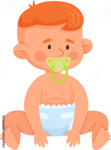 Baby with red hair sitting wearing diaper and pacifier