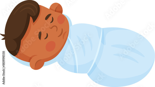 Peaceful newborn baby sleeping swaddled in blue blanket