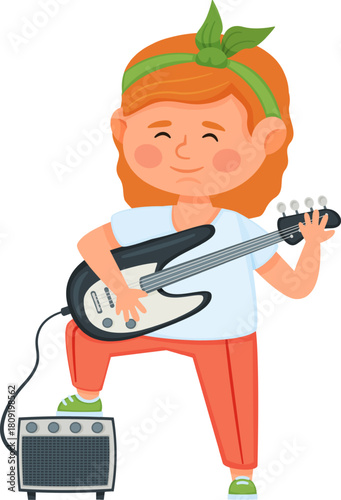 Young girl playing rock music on electric guitar
