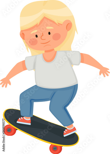 Blonde child riding a skateboard with joy