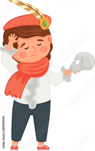 Little boy performing Hamlet role holding skull