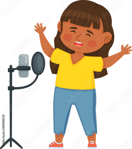 Young girl singing into microphone expressing vocal talent