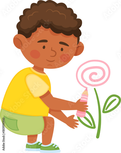 Boy drawing flower with crayon creating art