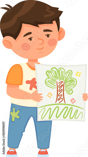 Child artist proudly holding hand drawing of a tree