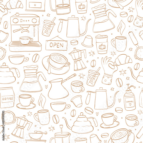 Coffee seamless pattern with cute doodles, cartoon elements for product packaging, wallpapers, backgrounds, wrapping paper, scrapbooking, banners, etc. EPS 10