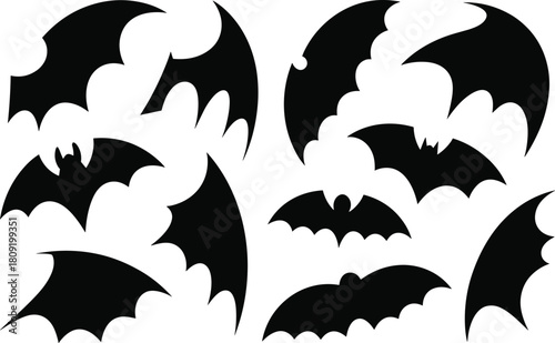 Bat silhouette illustration set, flying nocturnal icons, Halloween graphic, gothic symbol, wing shape design, spooky animal elements