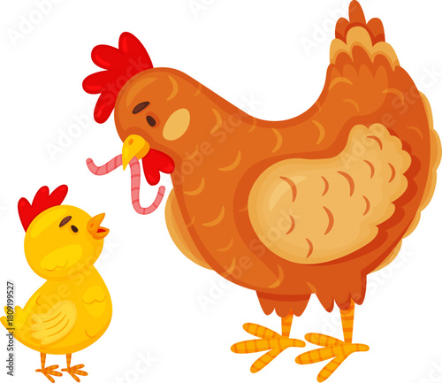 Hen feeding worm to a small chick
