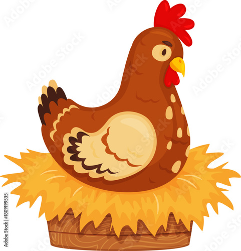 Farm hen sitting on a hay nest illustration