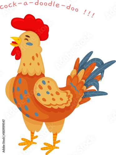 Cartoon rooster crowing cock a doodle doo in morning concept