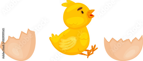 Little yellow chick hatching from eggshell and chirping