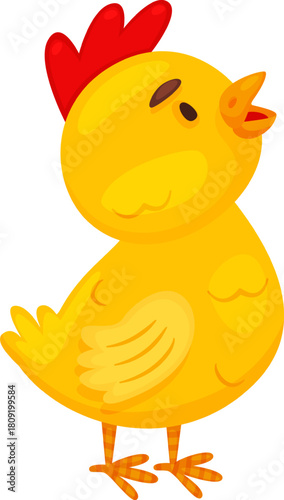 Yellow cartoon chick standing, looking up, opening mouth