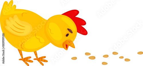 Cute cartoon chicken eating seeds
