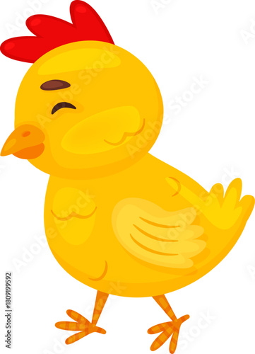 Cute cartoon chick happily walking with eyes closed