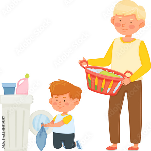 Father and son doing laundry together