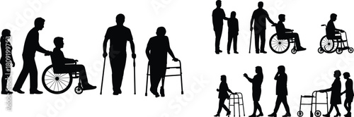 Caregiver and mobility aid silhouettes, disability support, walking assistance, wheelchair, cane, walker, cad drawing flat vector illustration