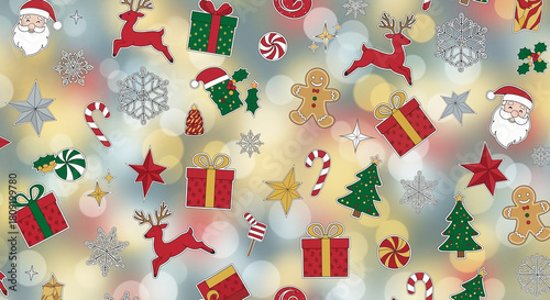 Festive Christmas pattern with Santa, reindeer, and colorful decorations on blurred background
