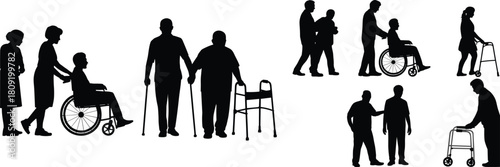 Elderly care silhouette set, disabled assistance vector, caregiver helping icon pack, cad drawing flat vector illustration, black graphic, mobility aid