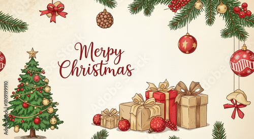 Cheerful Christmas pattern with tree and gifts featuring 