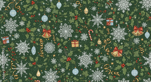 Festive Christmas pattern with snowflakes and gifts on green background