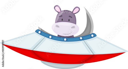 Cartoon hippopotamus piloting a flying saucer spaceship