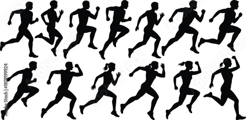Running silhouette vector set, male and female athletes in motion, dynamic sports poses, flat cad drawing, black isolated illustration