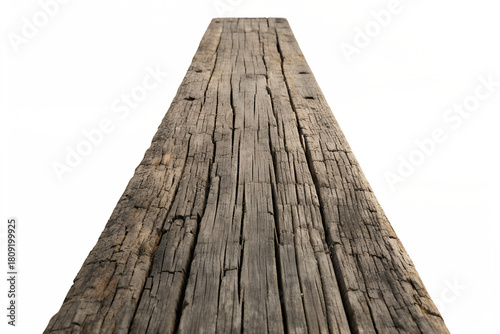 Close-up perspective of a single weathered and aged wooden plank, likely a railroad tie, showcasing its rough texture, cracks, and rustic character against a stark white background