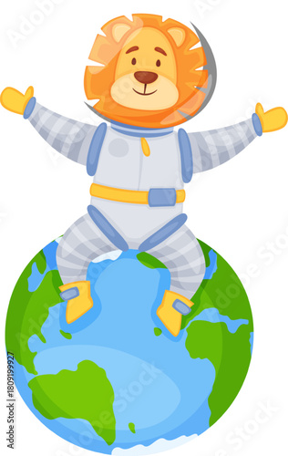 Lion astronaut character sitting on planet earth