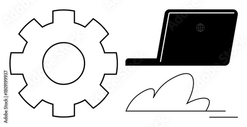 Gear, laptop, and cloud icons evoke themes of technology, cloud computing, productivity, innovation, automation, digital transformation and business. Ideal for a clean simple flat metaphor