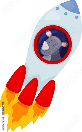 Cartoon rhino astronaut launching rocket into space