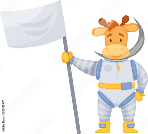 Giraffe astronaut holding blank white flag discovering new space